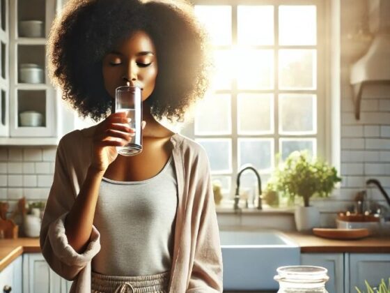 A woman drinking a glass of water, symbolizing hydration and wellness as part of a healthy lifestyle.