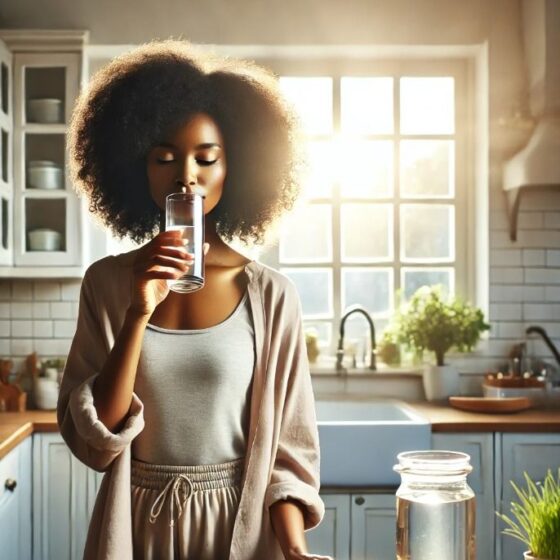 A woman drinking a glass of water, symbolizing hydration and wellness as part of a healthy lifestyle.