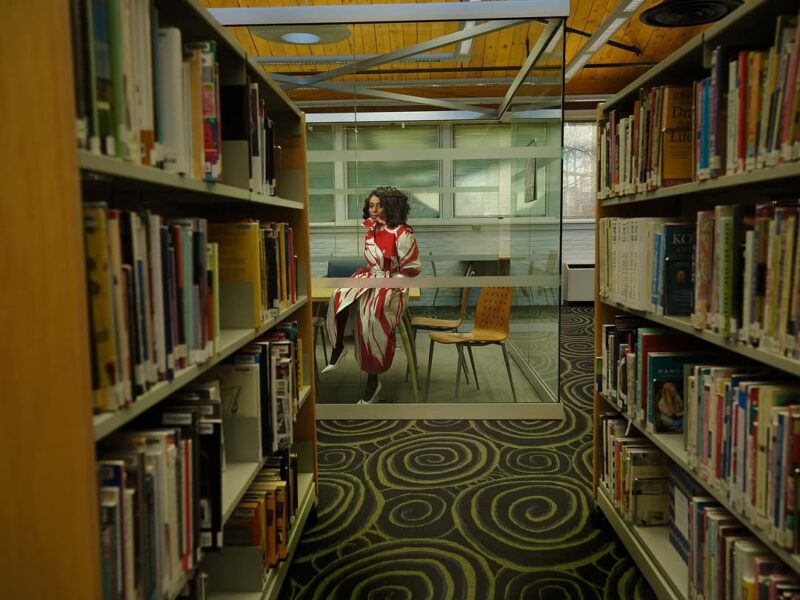 Chimamanda Ngozi Adichie at Maryland’s Howard County library, where parts of Dream Count were written. Dries Van Noten coat.