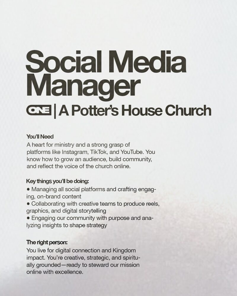 Social media manager job opportunity at The Potter's House 