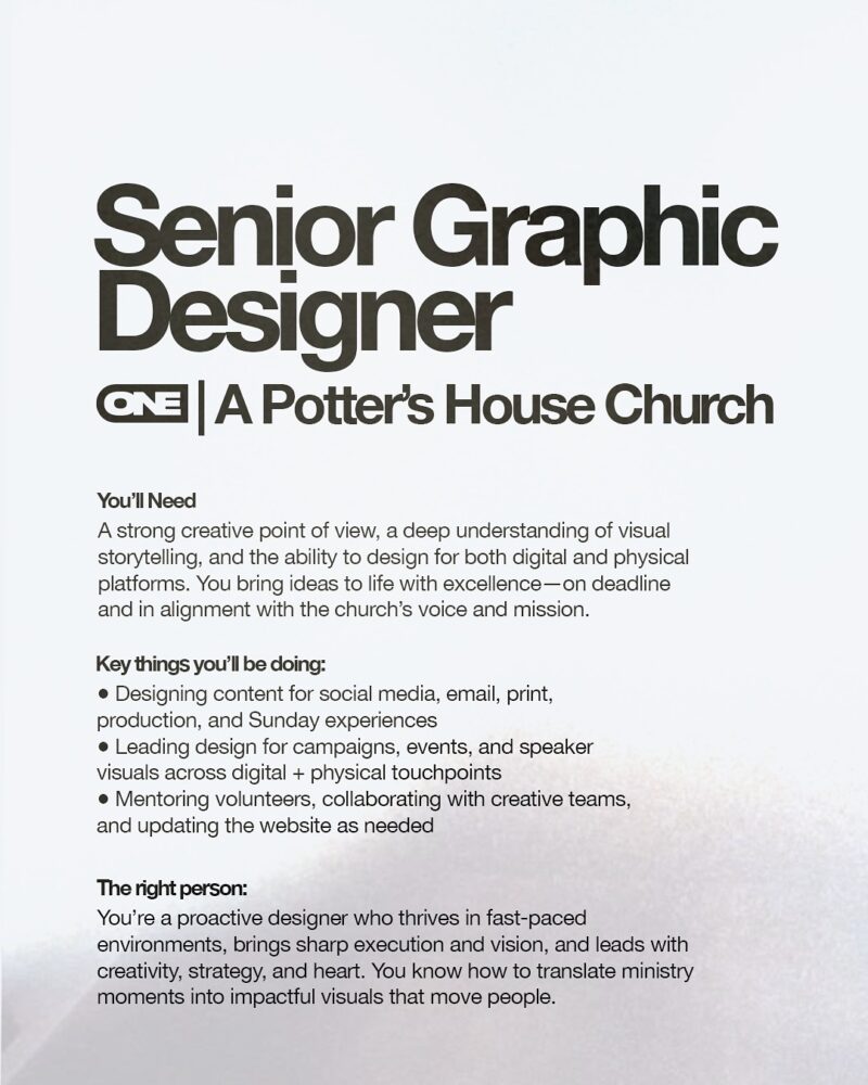 Graphic designer job opportunity at A Potter's House Church