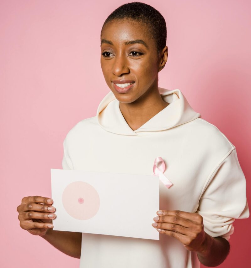 Woman checking for signs during a breast self-exam for Breast Cancer Awareness